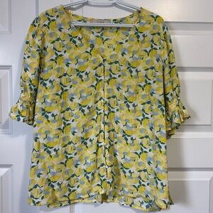 LOFT Yellow and Blue Floral Ruffled 3/4 Sleeve Blouse